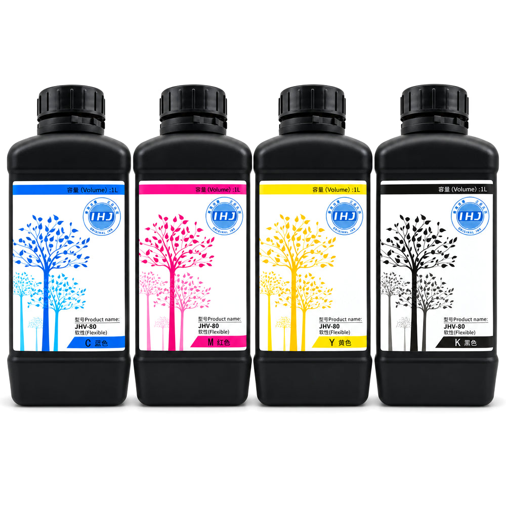 SAKATA JHV-80 flexible UV ink 1L CMYK bottles in a row
