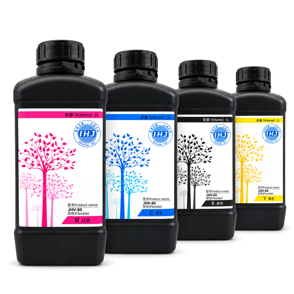 SAKATA JHV-80 flexible UV ink 1L CMYK bottles in a staggered arrangement