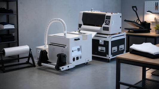 Compact 30cm DTF printer and separate finishing stations in a small apparel printing workspace