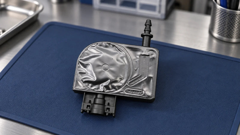 Detached black ink damper with its silver membrane and inlet visible on a navy receiving mat