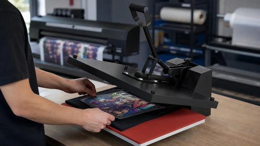 Operator positioning a DTF transfer on a swing-away heat press before a controlled test