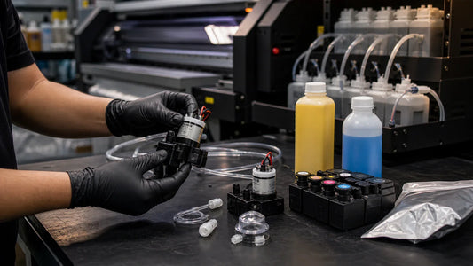DTF white ink circulation troubleshooting workbench with pump tubing ink bottles and printer in the background