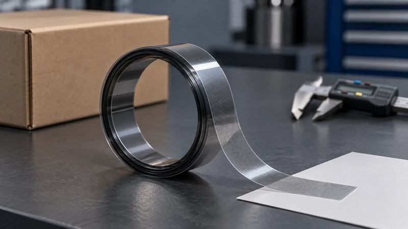Thin optical encoder strip with its broad reading face visible on a receiving bench