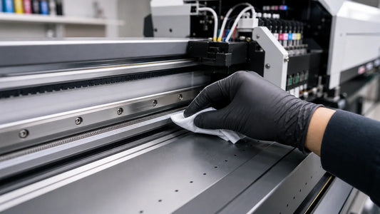 Technician cleaning a wide-format printer encoder strip to reduce banding and carriage errors