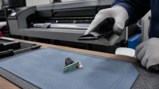Technician photographing a detached H9730 encoder-sensor assembly on an antistatic maintenance mat