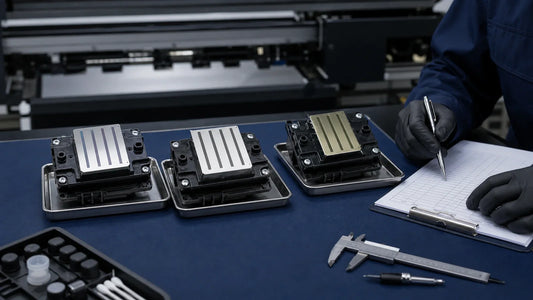 Three detached i3200-style printheads compared on an anti-static printer maintenance bench