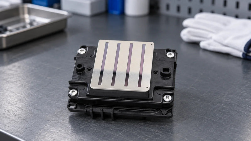 Detached i3200-U1-reference printhead with its nozzle face untouched during a bench inspection