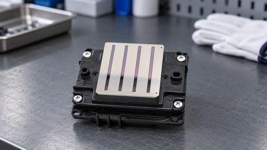 Detached i3200-U1-reference printhead with its nozzle face untouched during a bench inspection