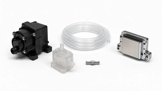 DTF ink-path accessory set photo (ink pump, silicone tube, connector, printhead, ink damper) on seamless white background