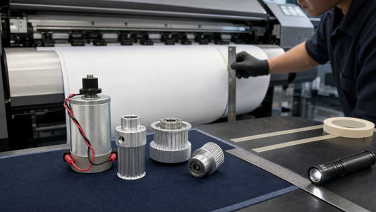 Large-format printer media feed alignment check with detached PF motor and pulley references on a maintenance bench