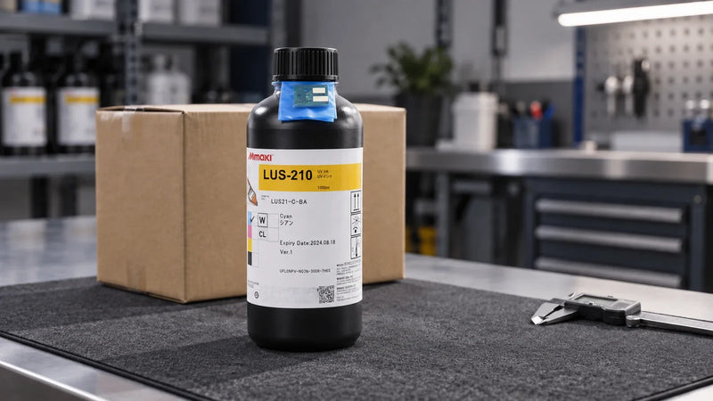 Front-facing Mimaki LUS-210 Cyan bottle with its identification label visible on a receiving bench