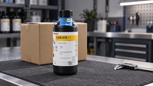 Front-facing Mimaki LUS-210 Cyan bottle with its identification label visible on a receiving bench