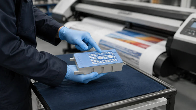 Technician showing the absorbent material inside a blue-lid maintenance box beside a large-format printer