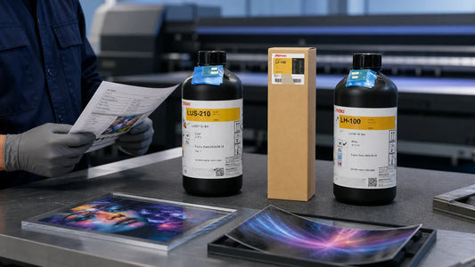 Technician comparing unopened Mimaki LUS-210, LF-140 and LH-100 ink packages with rigid and flexible UV print samples