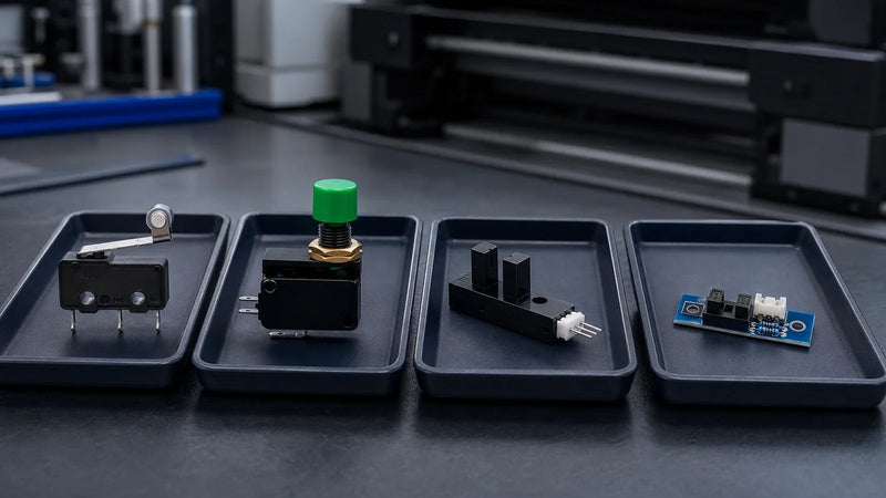 Four store limit sensor products arranged separately on a printer maintenance bench