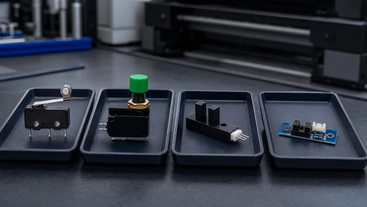 Four store limit sensor products arranged separately on a printer maintenance bench