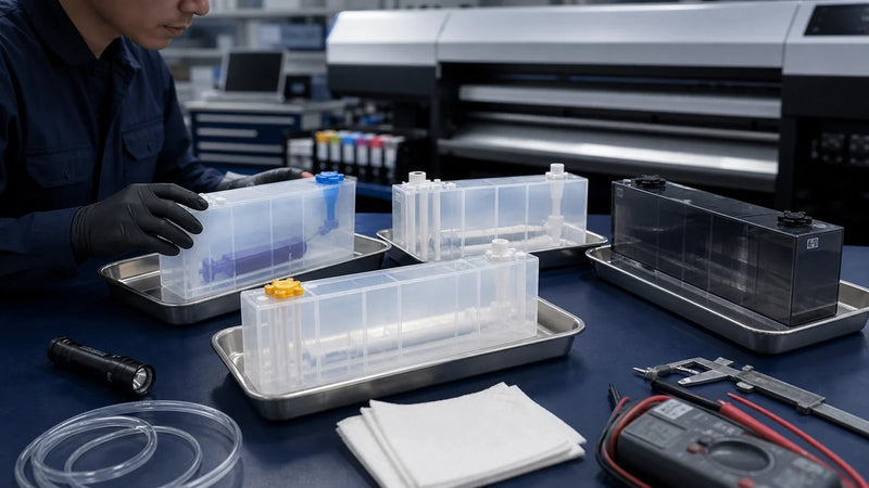 Detached printer sub-ink cartridges inspected on a maintenance bench for overflow and no-flow symptoms