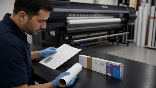 Large-format printing technician checking a closed Mimaki SS22 ink package against printer documentation and roll media