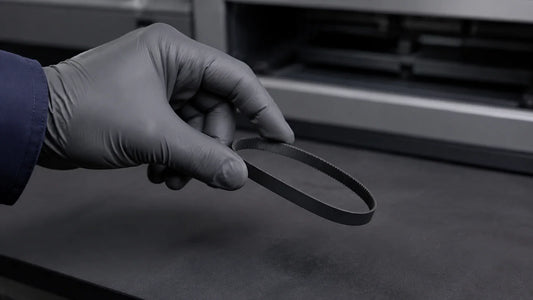 Technician identifying a small removed printer timing belt at a maintenance bench