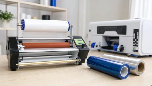 UV DTF laminator with AB film rolls and UV DTF printer in a clean workshop setting
