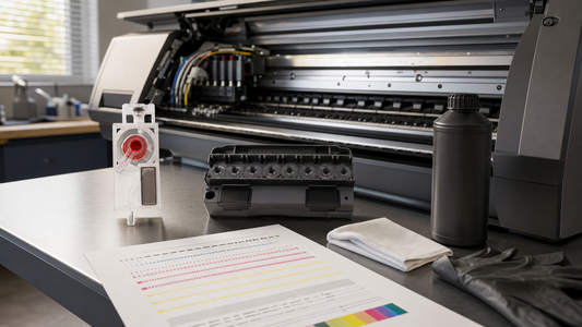 UV and DTF printer nozzle check troubleshooting at a real maintenance workbench