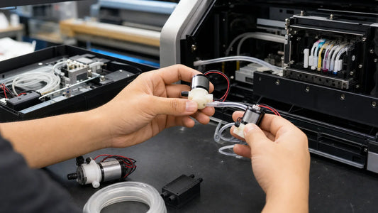 UV DTF printer solenoid valve troubleshooting workbench with small valves and clear tubing
