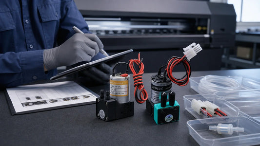 Technician documenting detached JH-10 and MV-SD100Euv-style UV ink pumps with separate tubing and connector samples