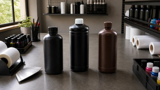 UV LED ink storage and shelf-life guide cover photo in a real print shop workspace