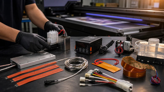 UV printer heating parts arranged on a real maintenance workbench beside a UV flatbed printer