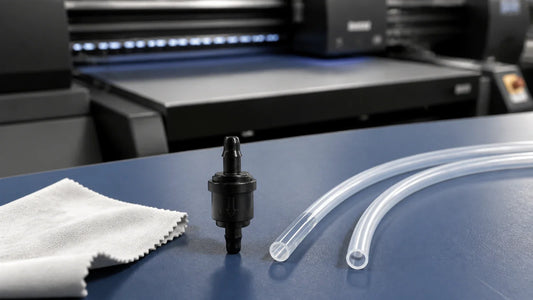 Detached UV printer ink check valve and clear tubing on a maintenance bench