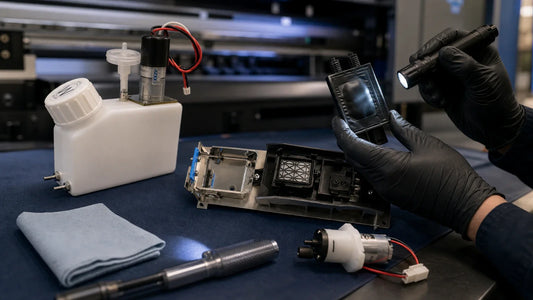 Technician inspecting UV printer ink tank damper capping station and pump on a maintenance workbench
