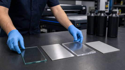 Technician comparing glass metal acrylic and polypropylene samples before UV printing pretreatment