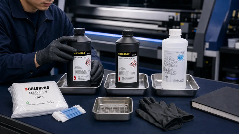 Store DTF F05, UV F04, JH-Flush, and cleanroom-wipe products separated on a printer maintenance bench