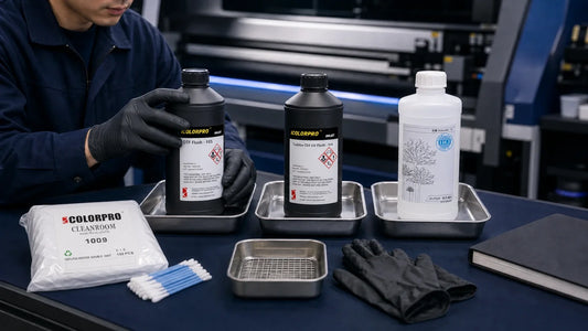 Store DTF F05, UV F04, JH-Flush, and cleanroom-wipe products separated on a printer maintenance bench