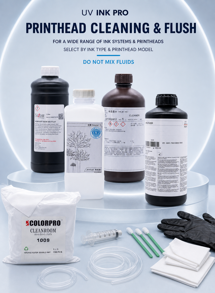 UV INK PRO printhead cleaning and flush poster with cleaning fluids and maintenance tools