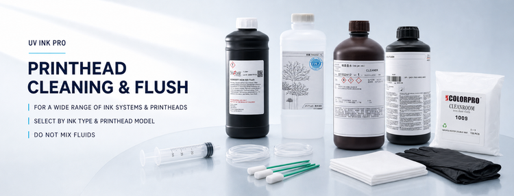 UV INK PRO printhead cleaning and flush poster with cleaning fluids syringe tubing green foam swabs cleanroom wipes and protective gloves