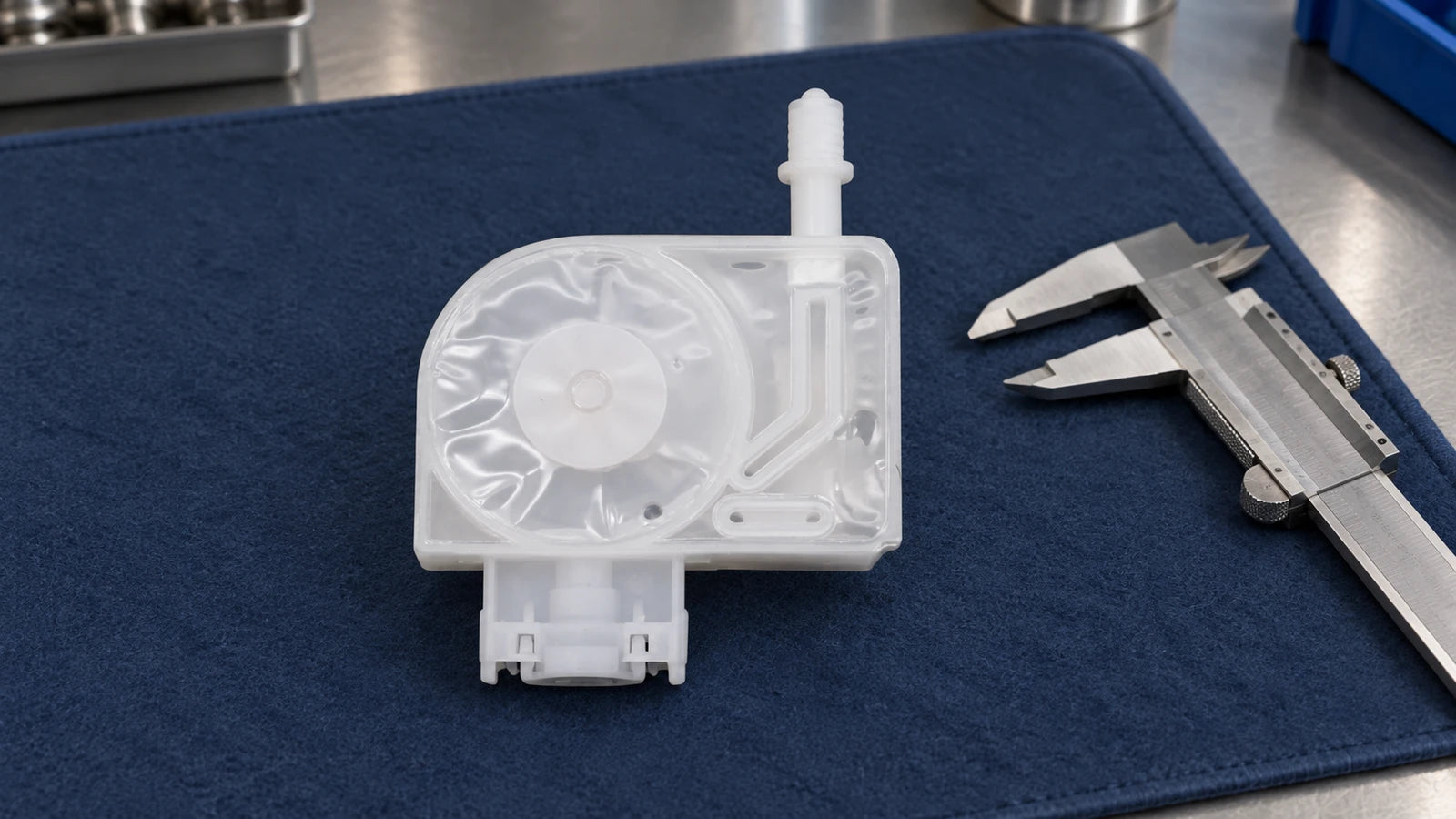 Translucent water-based damper presented beside a non-clamping caliper for connector identification